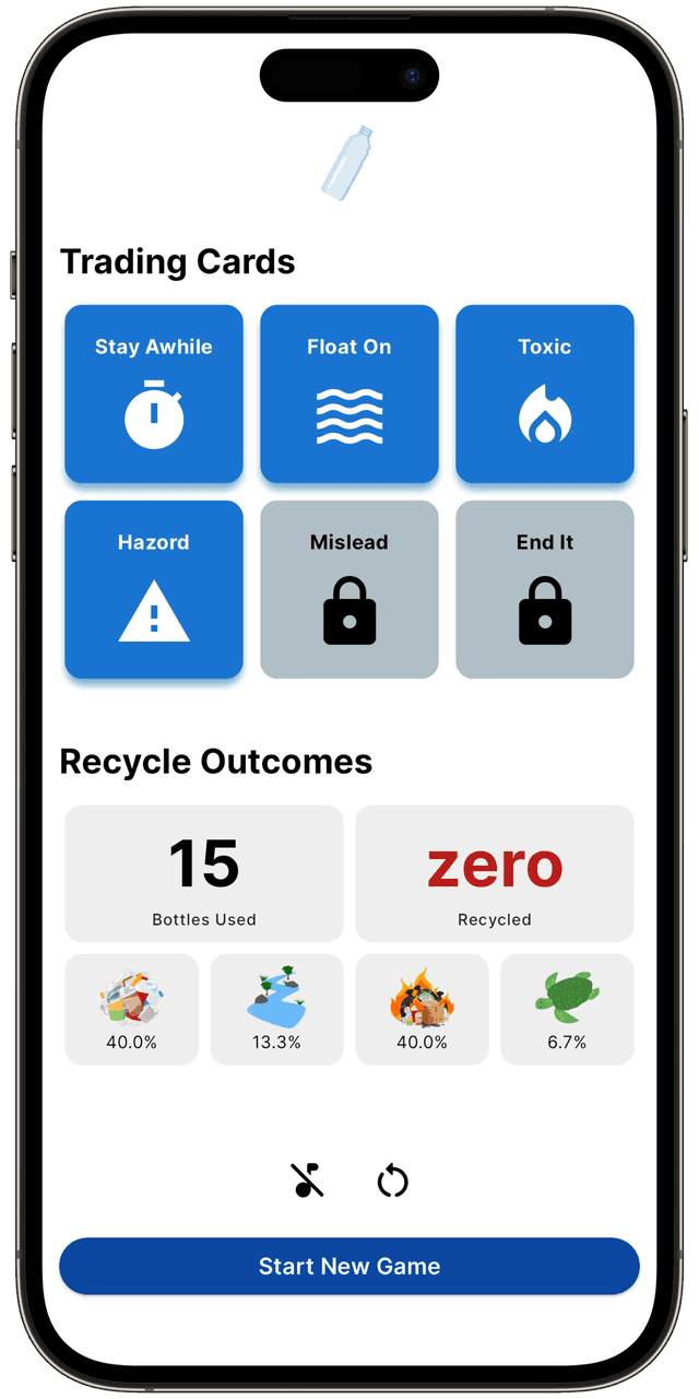 Screenshot of Last Bottle app showing the main menu with app stats