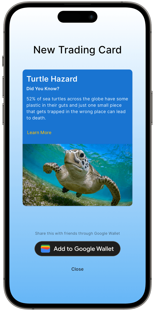 Screenshot of Last Bottle app showing a turtle hazard trading card